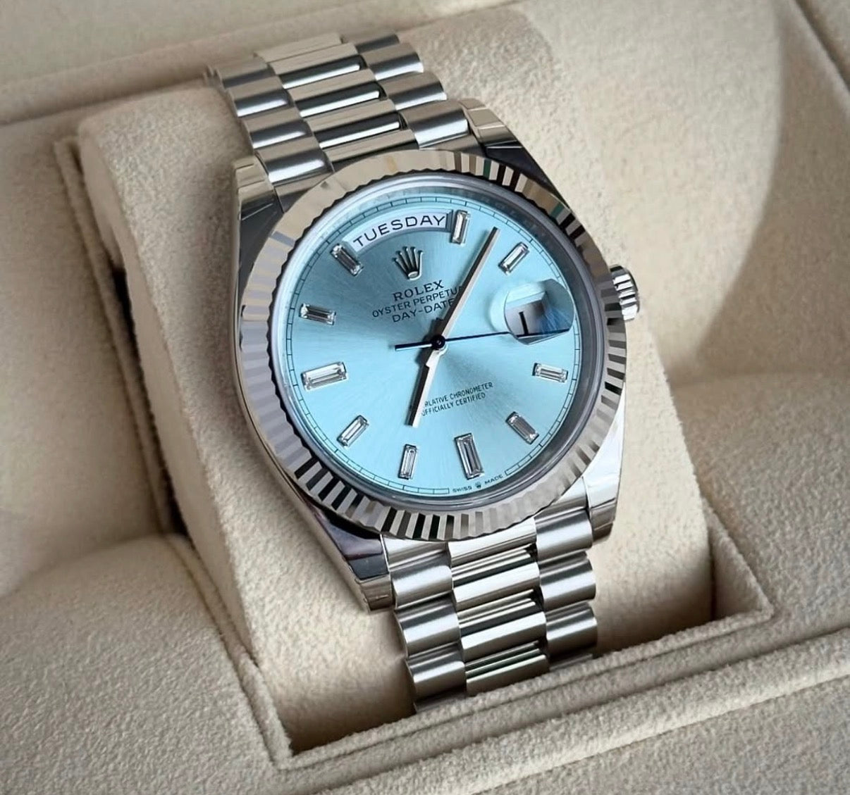 Rolex Day Date Platinum Ice Blue Baguette