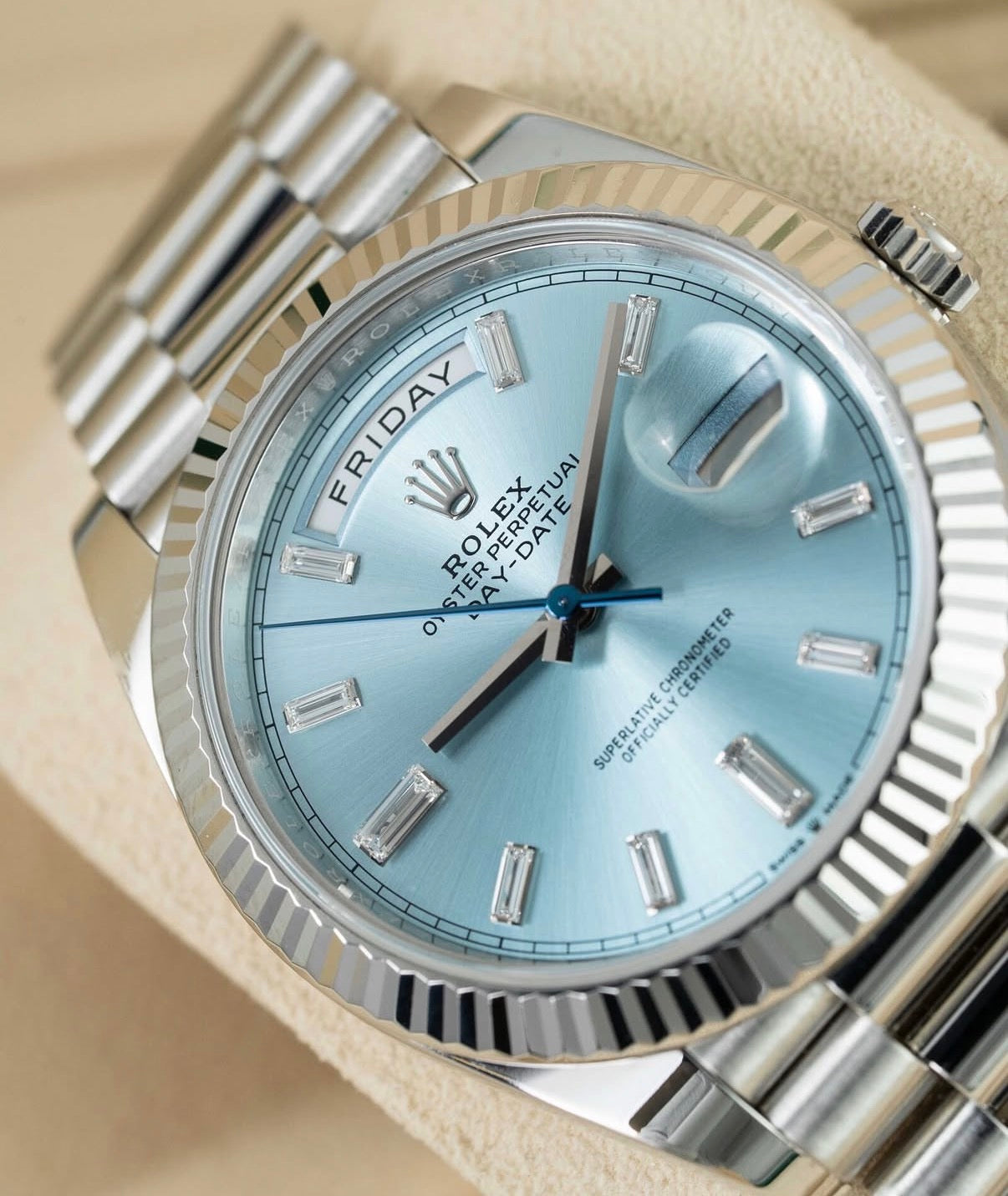 Rolex Day Date Platinum Ice Blue Baguette