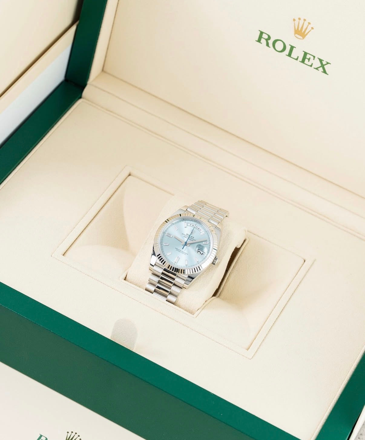 Rolex Day Date Platinum Ice Blue Baguette